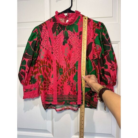 Farm Rio Floral Yard Blush Volumious Puff Half Sleeves High Collar Blouse XS - Picture 10 of 15